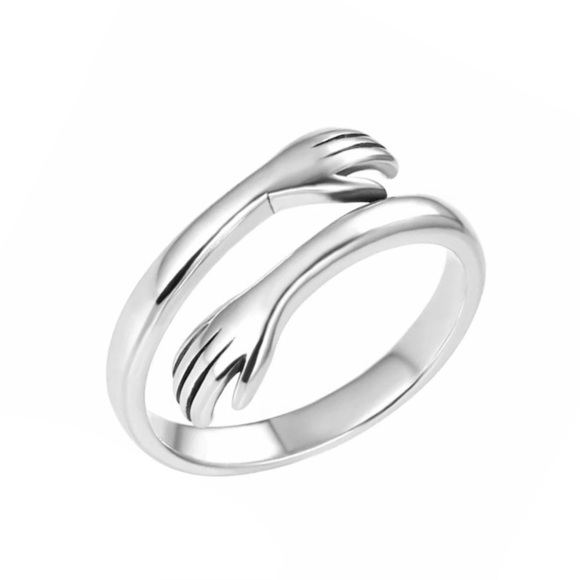Silver Hug Hands Ring, Adjustable - Picture 2 of 3